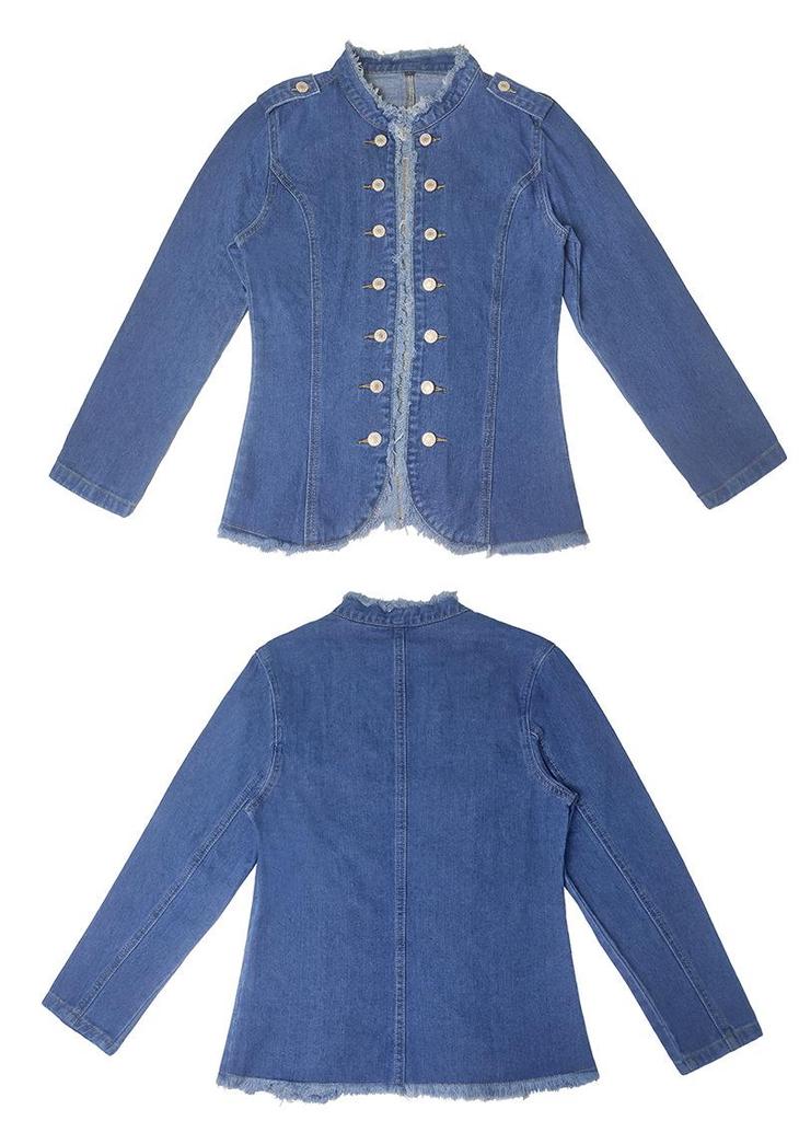 American Style Frayed Denim Slim Fit Jacket for Women - Single-Breasted, Long Sleeve, Spring/Autumn