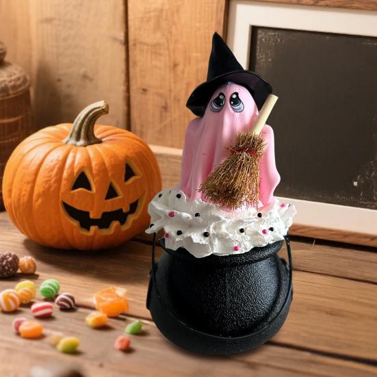 Witch Hat Ghost Cauldron Figurine Halloween Cartoon Ghost Cauldron Statue Sculpture Holiday Party Desktop Decoration Ornament