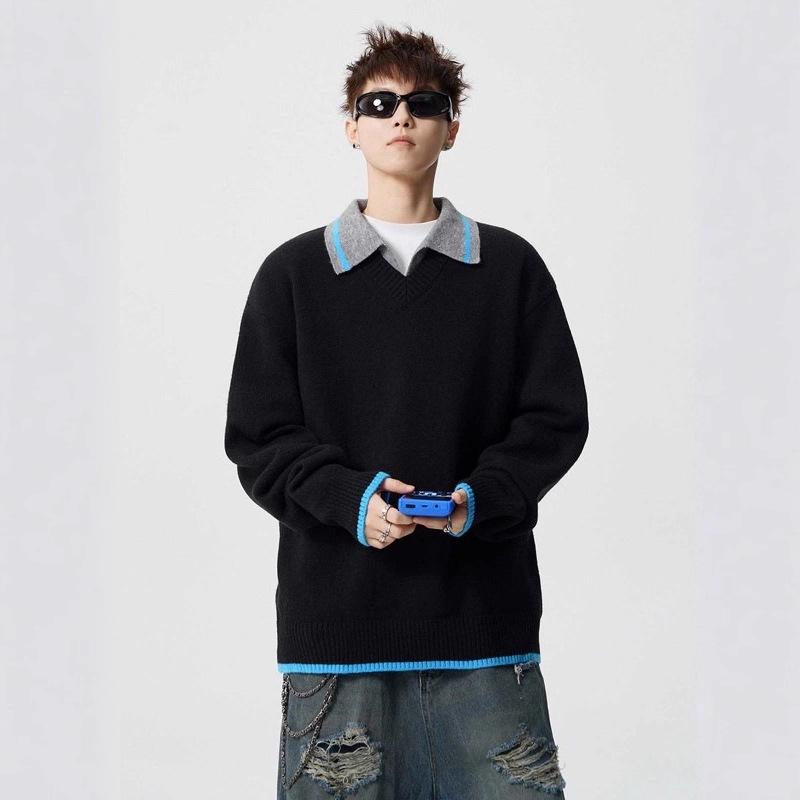 

Men s College Style Lapel Two-Piece Sweater: Trendy, Warm, Loose Knitwear for Autumn and Winter 3XL чорний