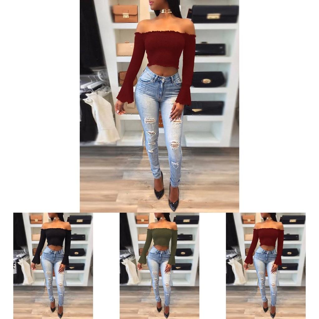 Women Summer Casual Off Shoulder Tank Top Stylish Long Sleeve Crop Top Shirt