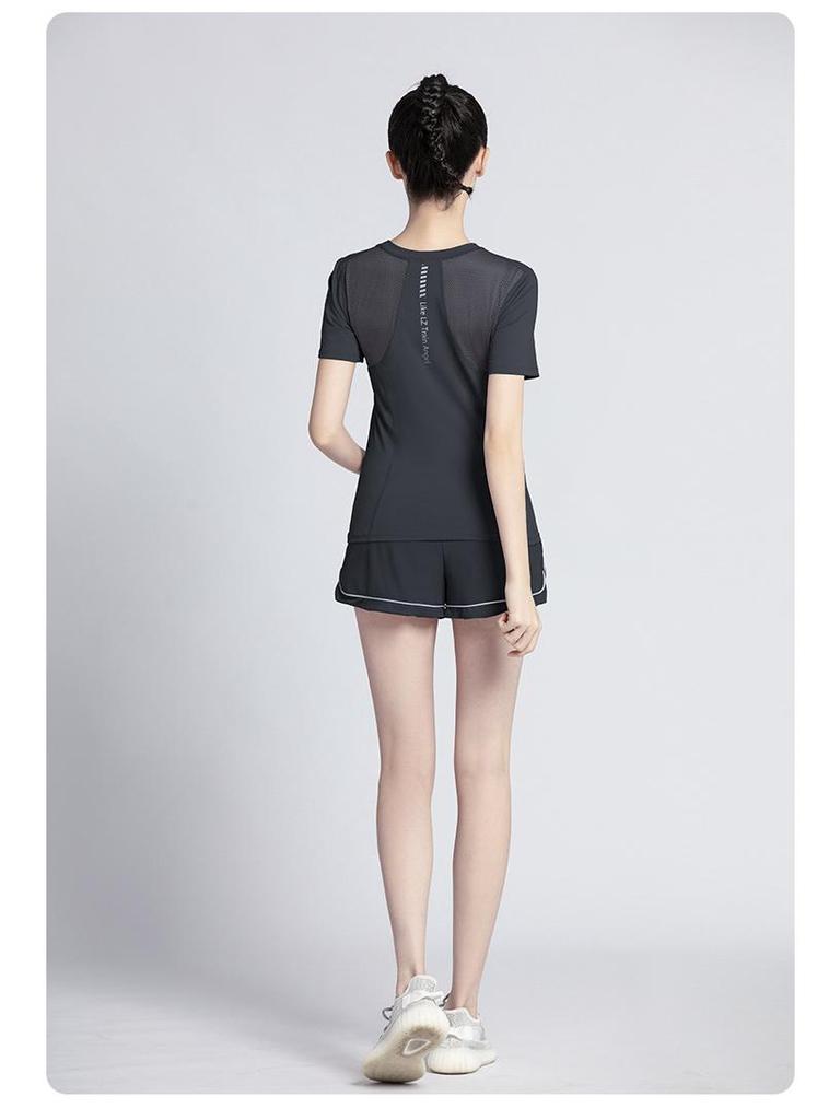 Women's Summer Yoga Outfit: Quick-Drying Short-Sleeve Top, Stretchy Mesh, Fashionable and Lightweight Fitness Wear for Morning Runs.