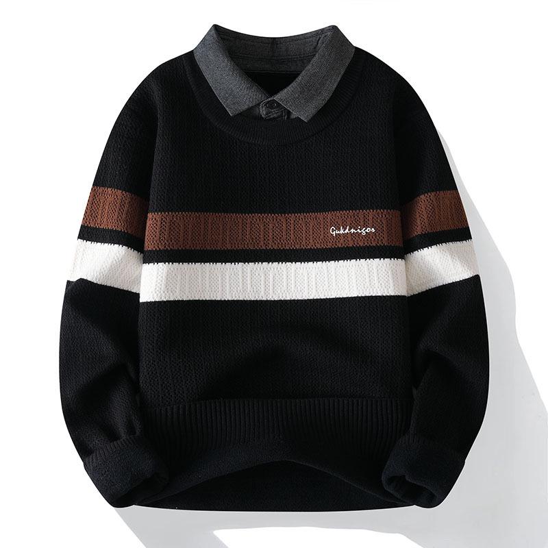 Stylish Men's Faux Two-Piece Sweater with Shirt Collar, Velvet Lining, and Knitted Wool for Autumn and Winter Warmth