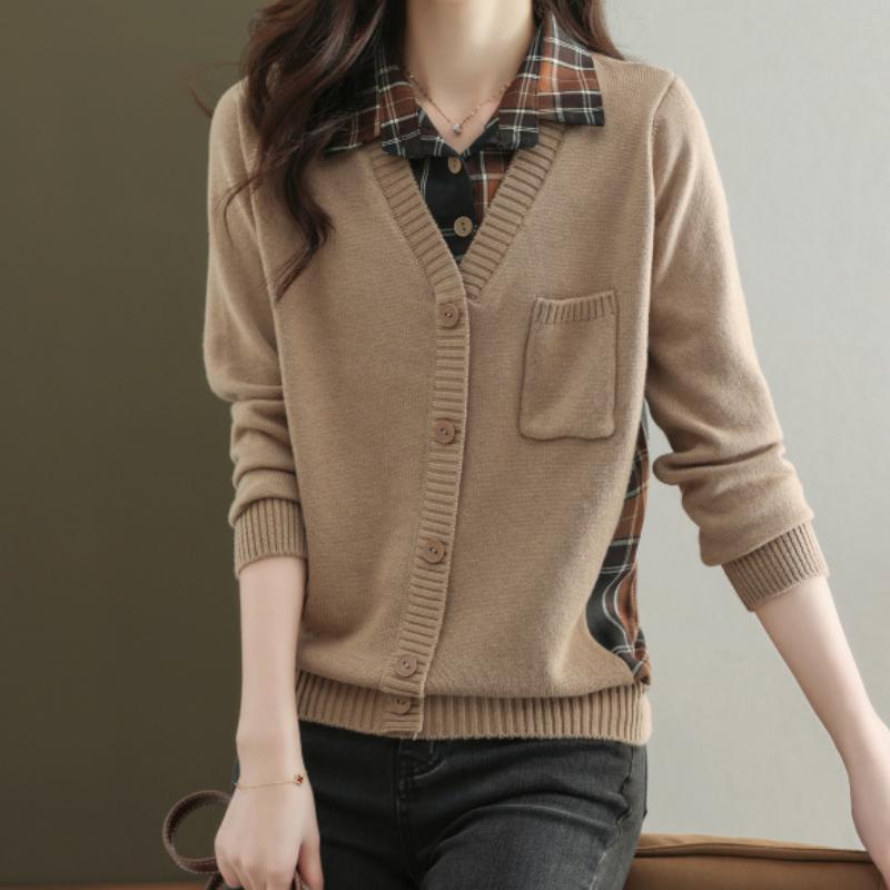 2024 Women's Spring Autumn Bottom Shirt Fake Two Piece Knitted Long Sleeve Tops Short Cardigans Sweater Femme Casual Knitwears Coat