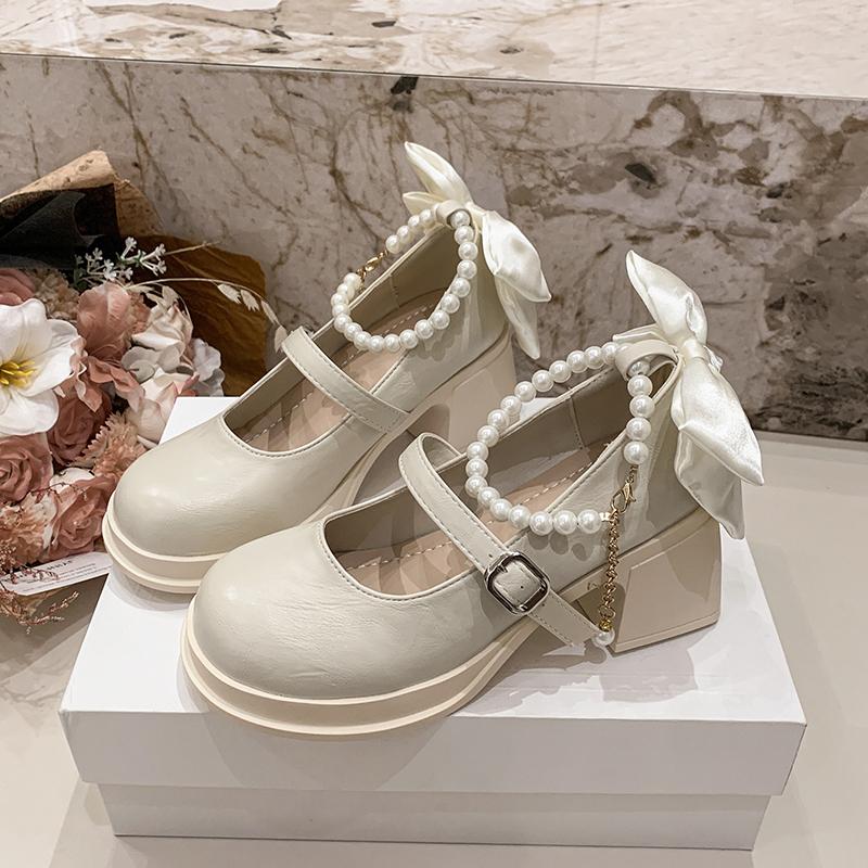 Fashion Beaded Mary Jane Shoes Women's High Heels Spring and Autumn Outfit Round-toe Jk Uniform Platform Shpes