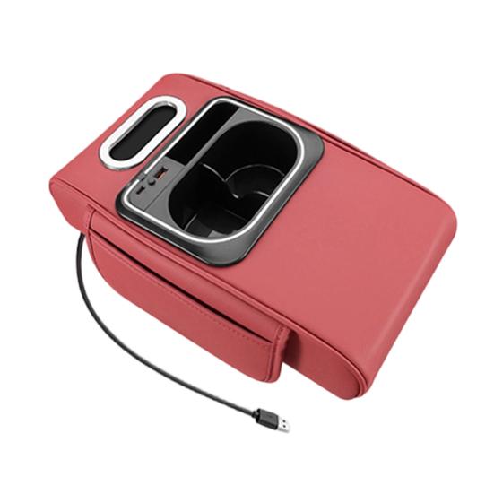 5-in-1 Car Armrest Organizer with Tissue Cup Holder USB Charging Port Ambient Light Car Interior Storage Booster Pad for Most Vehicles Portable Car