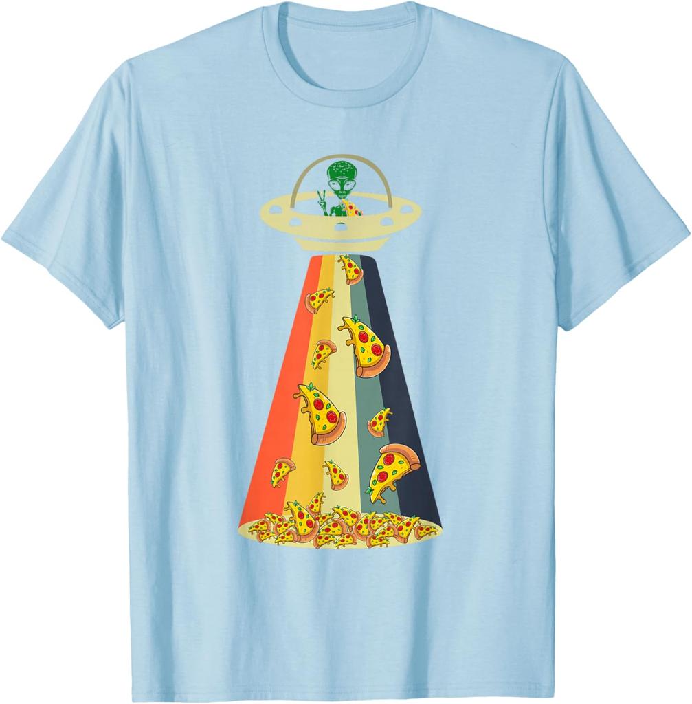 Pizza UFO Alien Abduction Graphic Retro Rainbow Light T-Shirt Funny Casual Cotton Tee