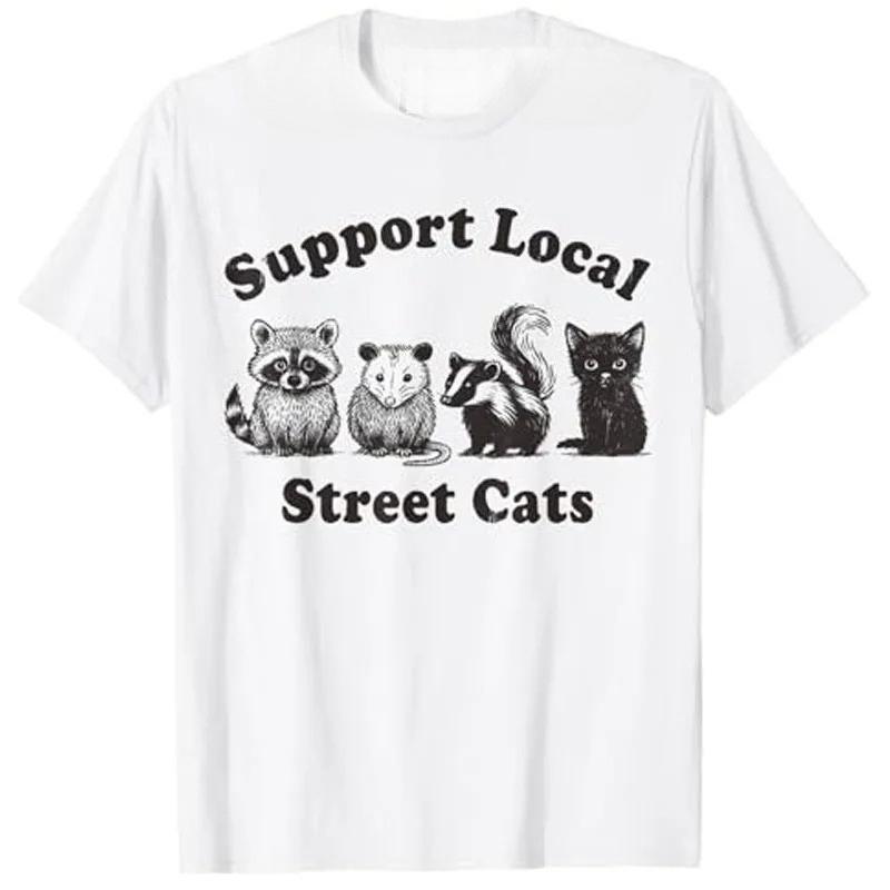 

Support Local Street Cats Team Trash Print Women TShirt Funny Animal Garbage Gang Graphic Y2k Top Streetwear Tee Fit Clothing S