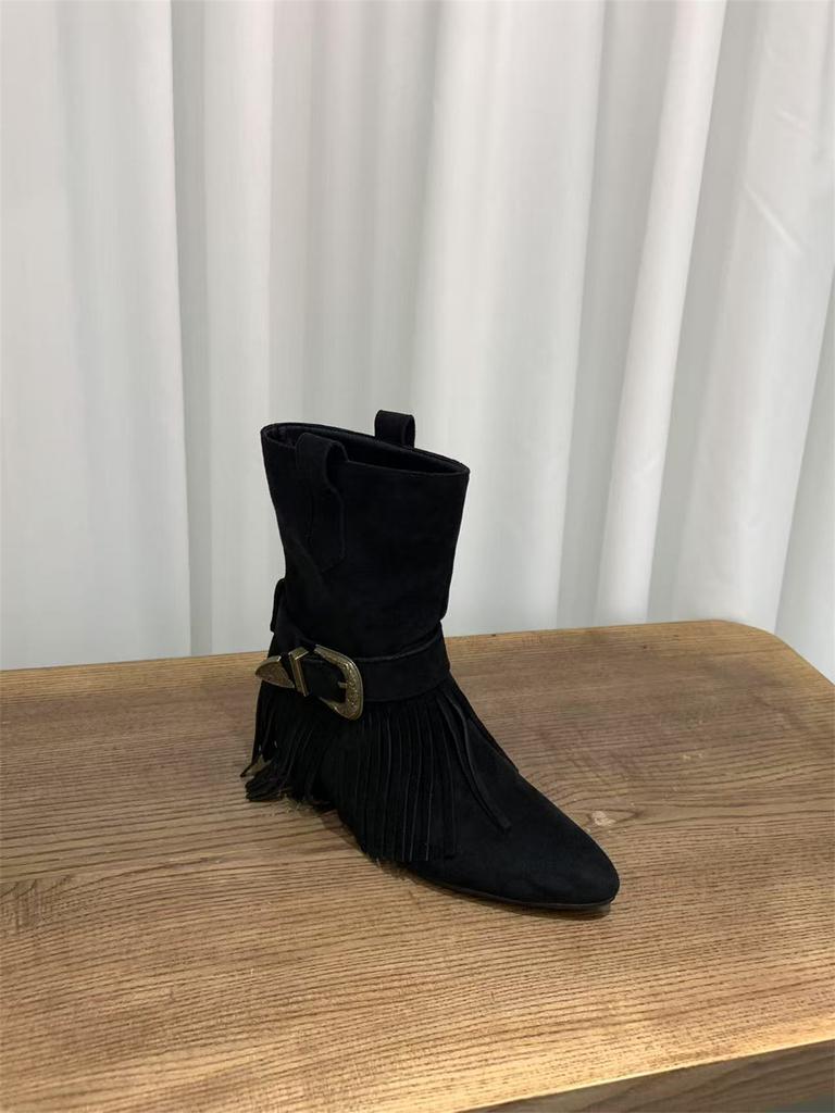 Inner heightening fringed suede Martin boots women's boots 2025 spring and autumn pointed head with skirt western thin boots short boots