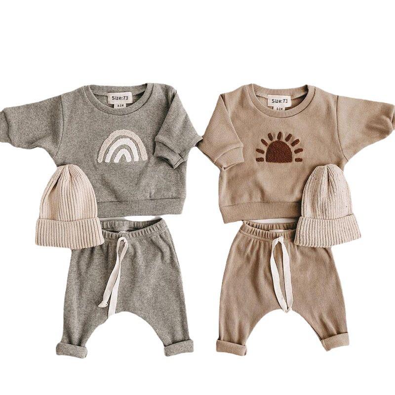 2025 Frühling/Herbst Europäischer & Amerikanischer Stil Regenbogen Rundhals Kleinkind Baumwoll-Pullover & Lange Hosen Set