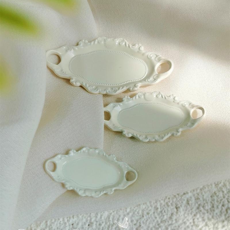 Mini Dessert Plate Set 3Pcs Dollhouse Elliptical Double Ear Design Realistic Simulation Tableware for Kids Pretend Play