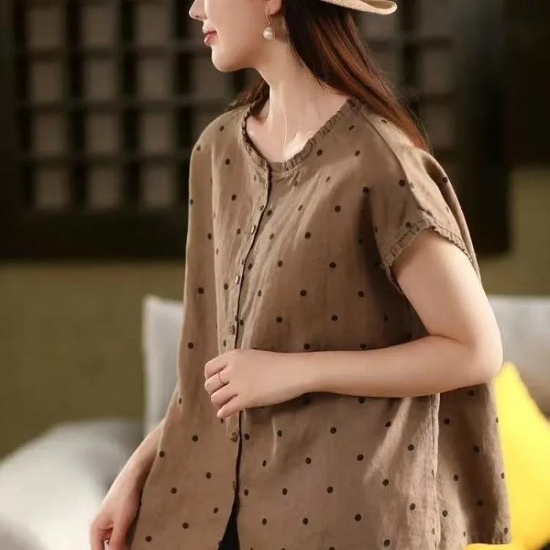 Womens Polka Dot Ruffle Neck Short Sleeve Button Down Shirt S коричневый