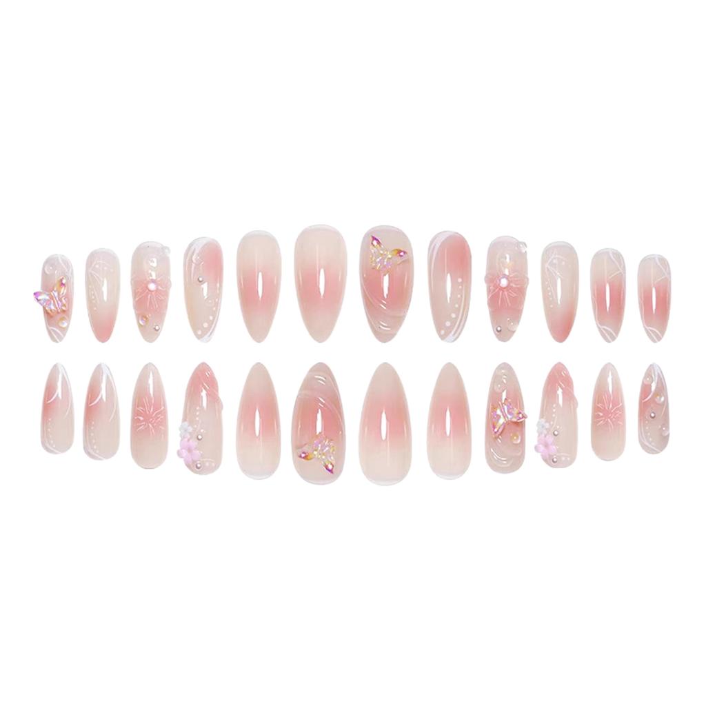 Blush Almond False Nails with Flower Decor Natural Unbreakable Nail Simple Wear for Shopping Traveling Dating