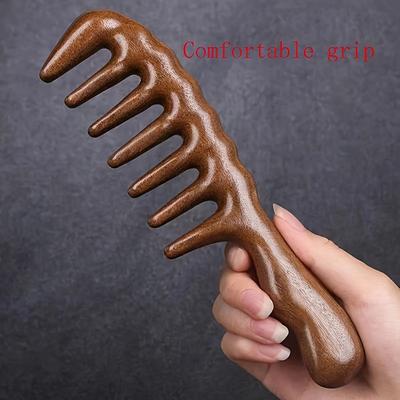 Sandal Ağacı Geniş Dişli Tarak - Anti-Statik, Kıvırcık Saçlar İçin Saç Derisi Masajı, Tüm Tipler, Islak/Kuru Kullanım, Ahşap Saplı