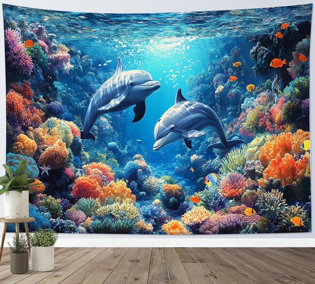 Sea Turtle Coral Reef Tapestry Blue Ocean Tropical Fish Underwater Wall Hanging for Bedroom Living Room Nature Decor