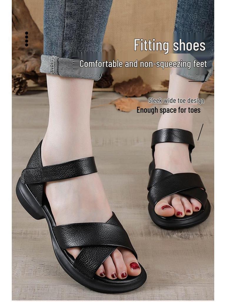 Women's Genuine Leather Chunky Heel Sandals for Wide Feet - Casual Summer Cowhide Shoes