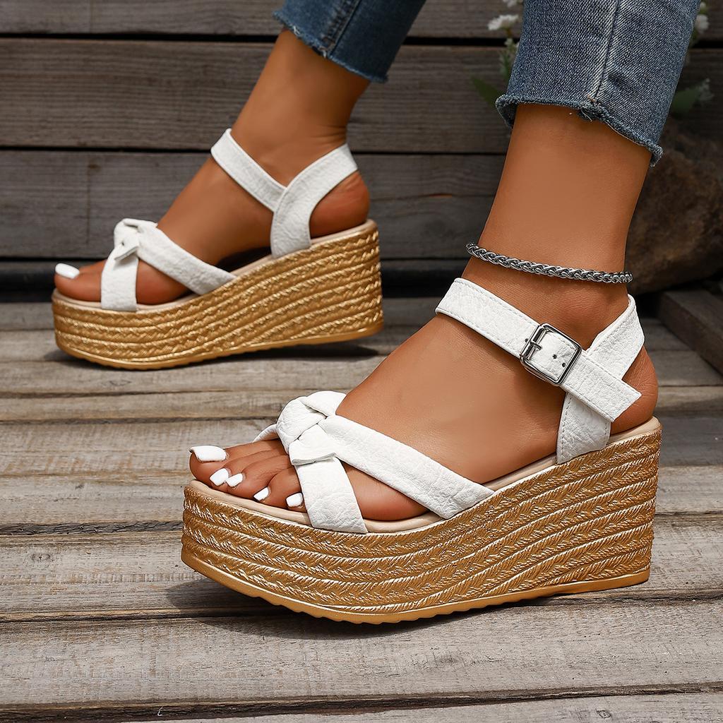 Fashion Bowtie Decor Wedges Sandals for Women Ankle Buckle Chunky Platform Sandals Woman Summer Elegant Thick Sole Women's Shoes