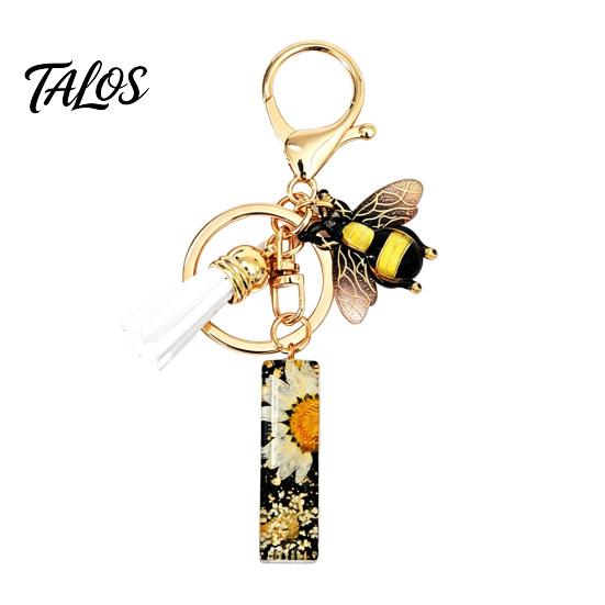 Talos Black Series Keychain Pendant, Dried Flower Initial Letter Charm Key Chain with Bee Tassel Design, A-Z Holder for Bag Purse Backpack
