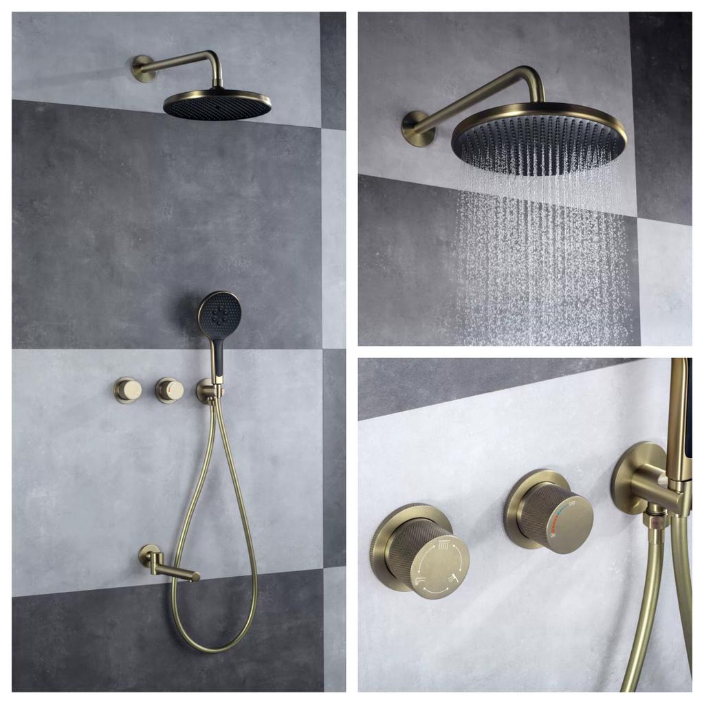 Brushed Gold Bathroom Shower Faucet Wall Mounted Grey Bathroom Shower Mixer Tap Brass Brass Bath Shower Faucet Hand shower Head
