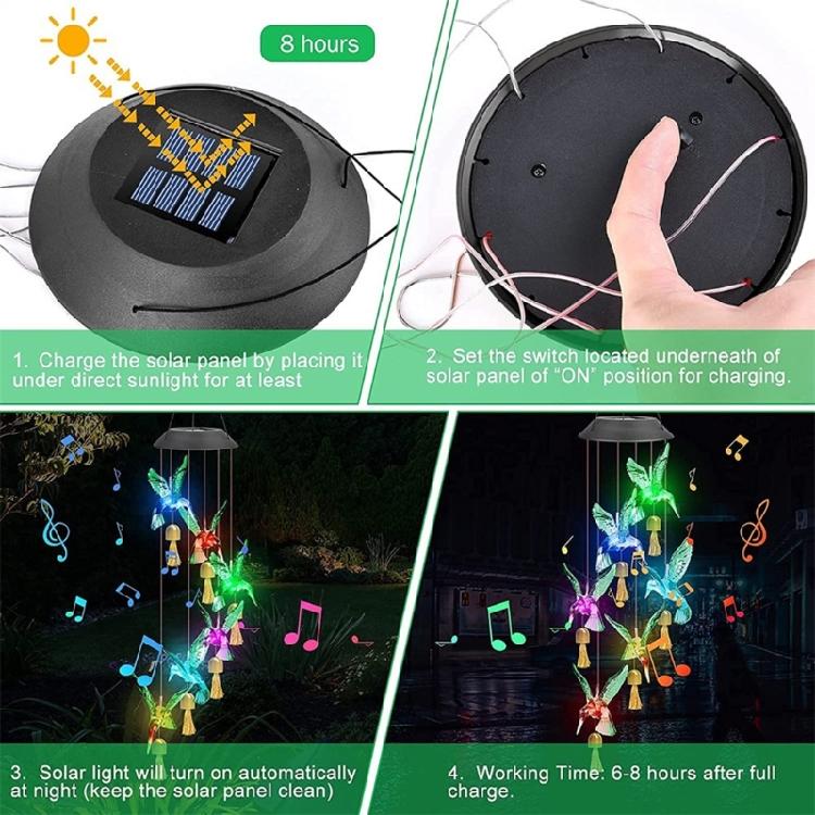 Solar Hummingbird Wind Chimes with Colorful LED Light Display for Home Party Yard Garden Christmas Decoration Ornament