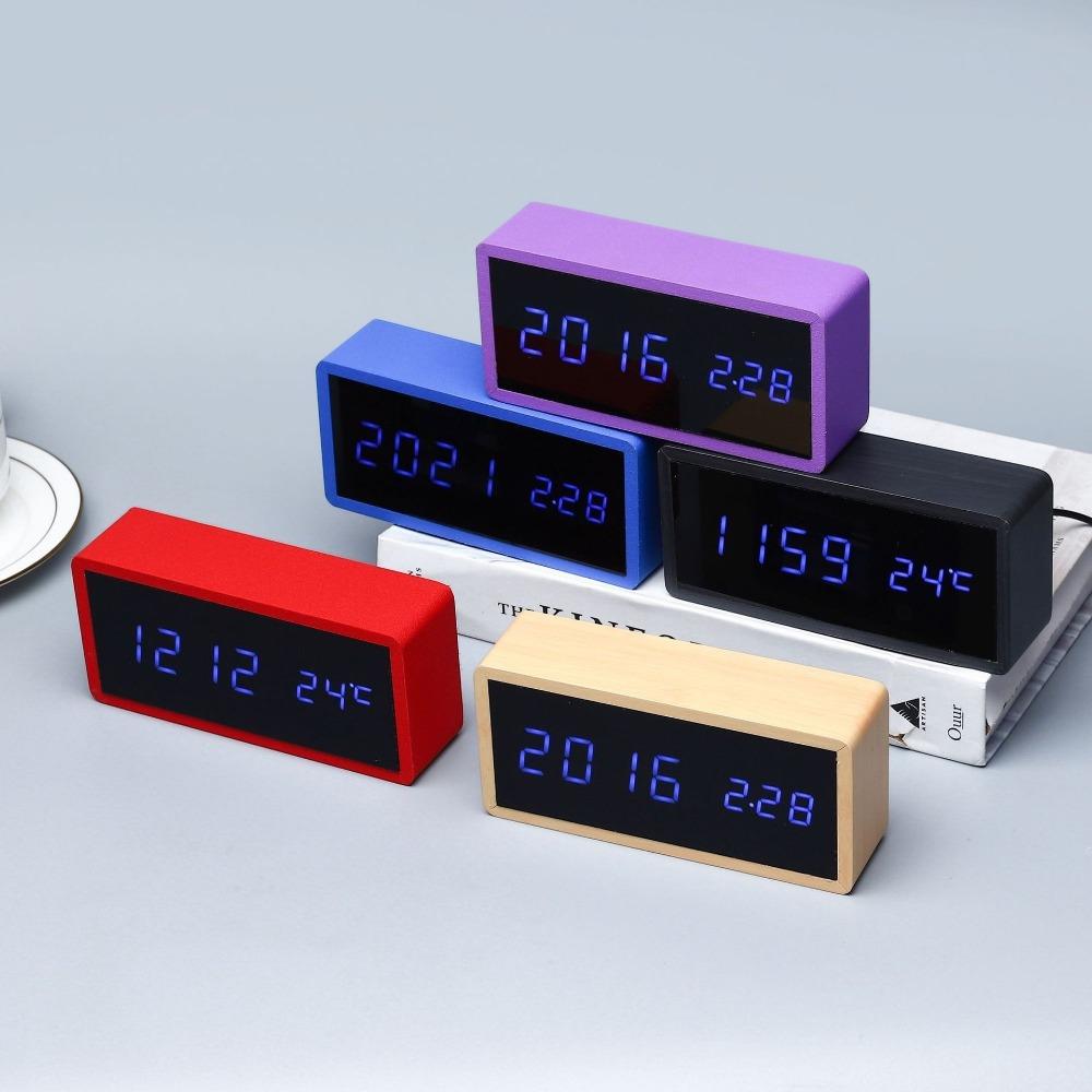 Bamboo Wooden Alarm Clock LED Display With Mirror Temperature Digital Watch Desktop Digital Table Home Decor Alarm Clocks