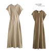 Damen Satin Rundhals Fledermausärmel A-Linie Maxikleid