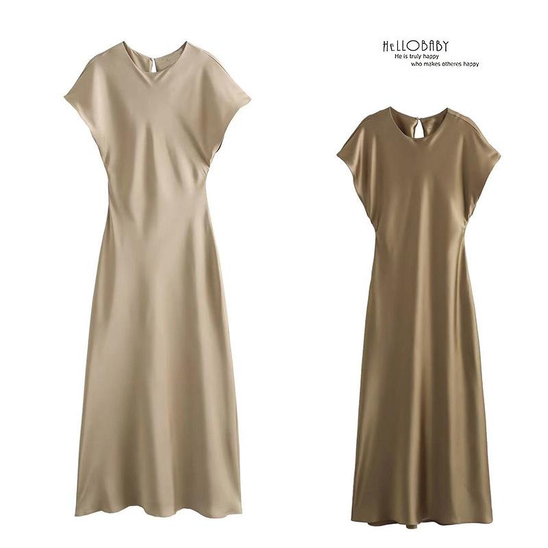 Damen Satin Rundhals Fledermausärmel A-Linie Maxikleid