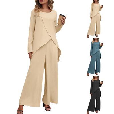 Zweiteiliges Set mit langärmeligem Oberteil und unregelmäßigem Saum für Damen, elastischer Bund und Hose mit weitem Bein