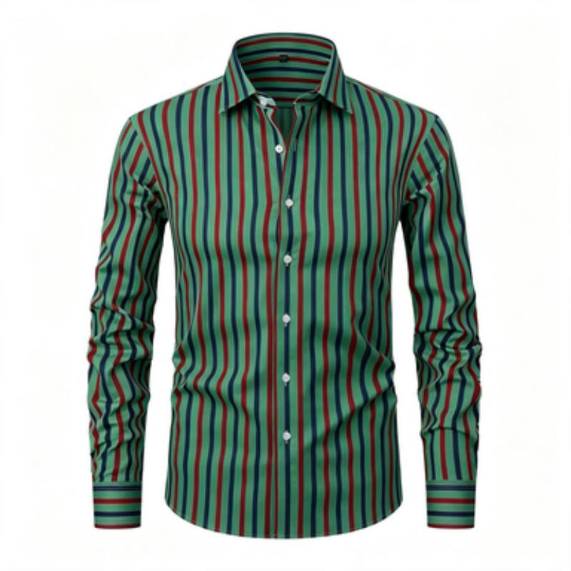 Men's Long Sleeved Shirt, Simple Men's Vertical Stripe Printed Long Sleeved Shirt, Vertical Line Lapel Shirt, European and Ameri