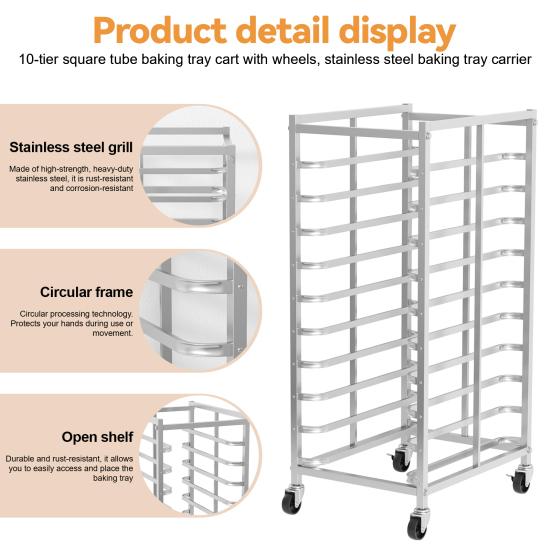 Estante de Acero Inoxidable para Hornear de 10 Niveles con Ruedas, Carrito para Bandejas Comercial, Soporte Móvil y Desmontable para Panadería para Horno Panadería Pastelería, 33 libras por Estante,