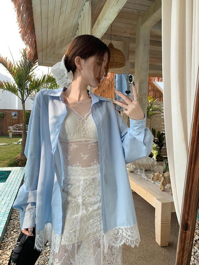 Women's Blue Spliced Lace Shirt Jacket - 2025 Korean Design, Loose Fit, Sun Protection for Summer