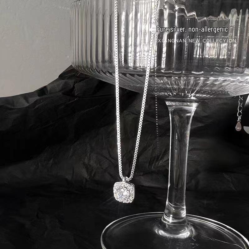2023 New Square Diamond Necklace: 925 Sterling Silver Clavicle Chain, Elegant Spring Design for Women