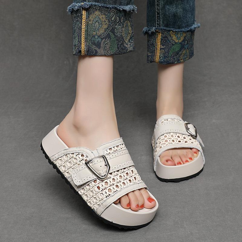 Fashion 5CM Weave Sheepskin Leather Shoes Hollow Mary Jane Loafer Slippers Platform Wedge Flats Peep Toe Women Breathable Sandals Summer