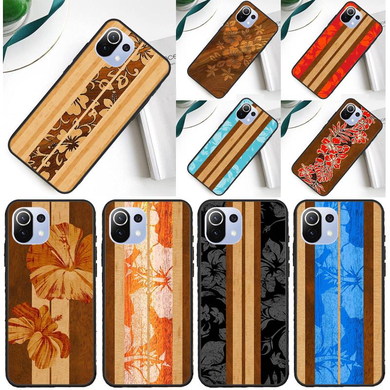 Hawaiian Faux Wood Surfboard Cover For Xiaomi 14 Ultra 13 11T 12T 13T 14T Pro POCO X6 X7 Pro X3 X5 F3 F5 F6 M6 Pro Case