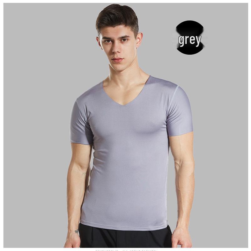 Bezešvé tričko s krátkým rukávem a výstřihem do V z ledového hedvábí, Slim Fit, Prodyšné, Jednobarevné