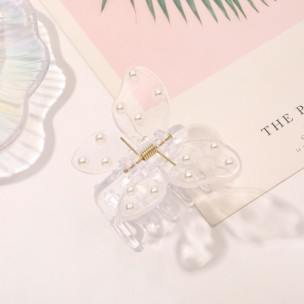 Korean Transparent Elegant Hairpin Girl Hair Accessories Pearl Rhinestone Fashion Plastic Butterfly Hair Claw Clips