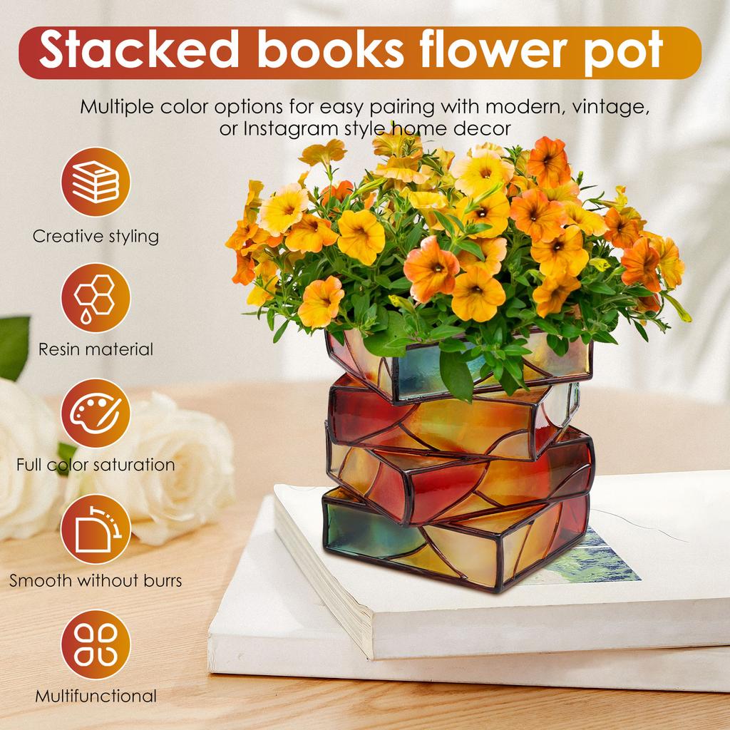 1 Pc Vase Book Shaped Planter 3/4 Layer Creative Colorful Flower Pot Stacked Books Resin Vase for Cafe Gift Shop Home Decoration