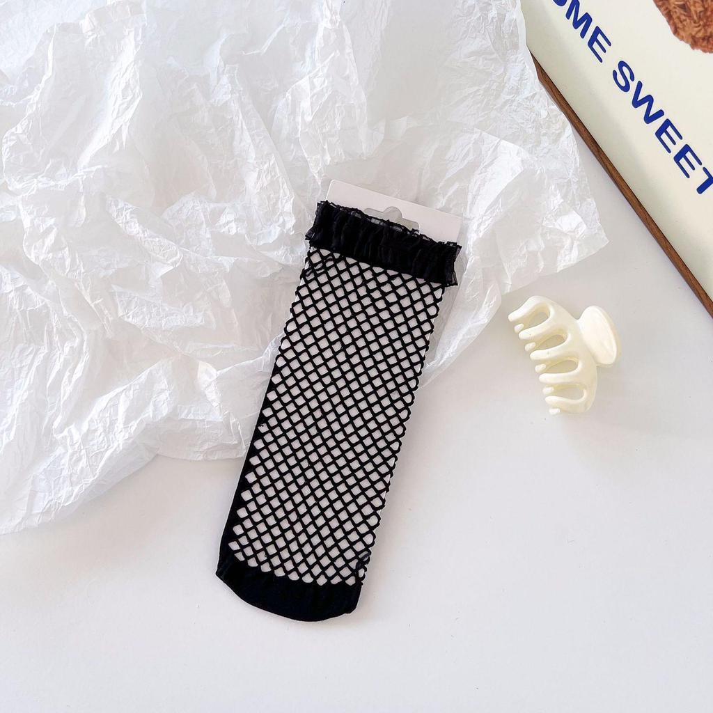 Japanese Lolita Bowknot Fishnet Lace Ankle Socks, White or Black