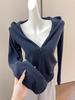 Women's Korean V-Neck Dark Blue Hooded Zip-Up Sweatshirt - Autumn, High-End, Waist-Cinching, Slimming, Trendy.