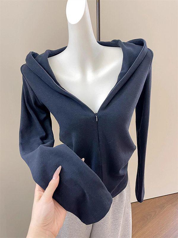 Women's Korean V-Neck Dark Blue Hooded Zip-Up Sweatshirt - Autumn, High-End, Waist-Cinching, Slimming, Trendy.