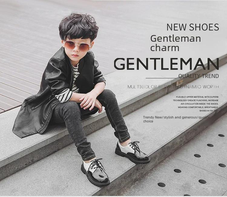 Boys' Black Leather School Shoes - Soft Sole, Floral Design, Korean Style