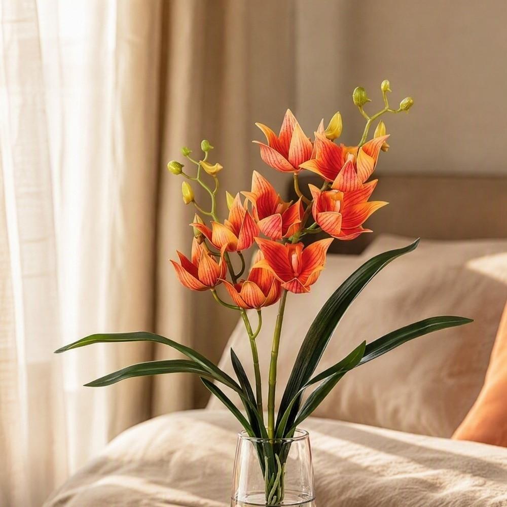 with Leaves Fake Cymbidium Flowers Artificial Cymbidium Faux Flowers  Outdoor Garden Decor