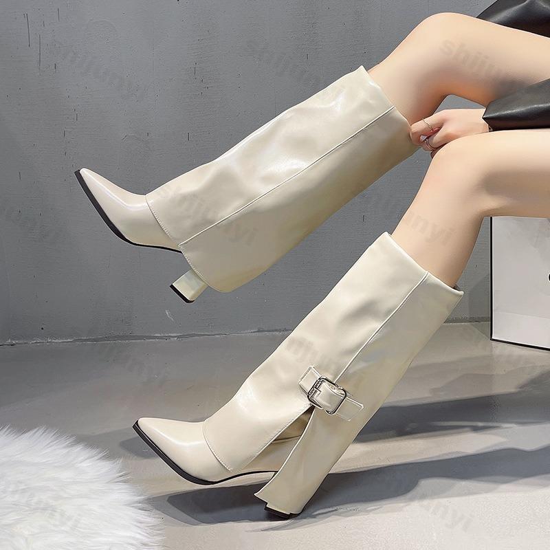 Damen Langstiefel Mode Hohe Absätze Spitze 2026 Designer Kniehohe Lederschuhe Metallschnalle Damen Mujer Botas