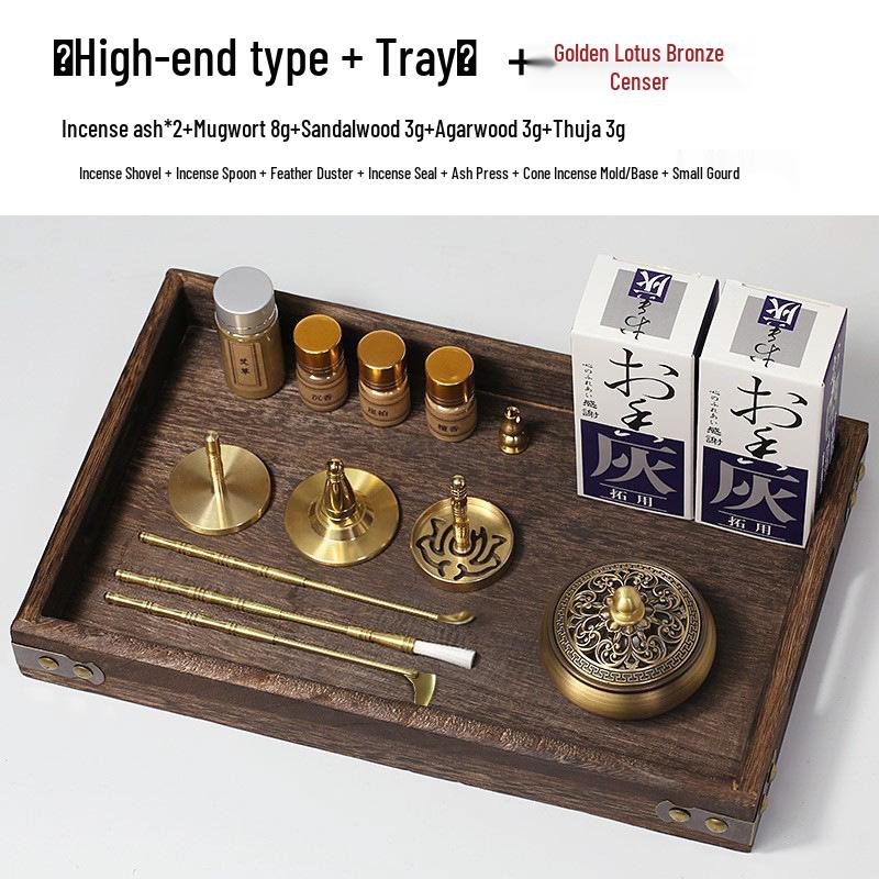 Brass Incense Ceremony Set: Seal Tools, Ash Press, Incense Powder, Burner, Shovel, Spoon, Stamp.