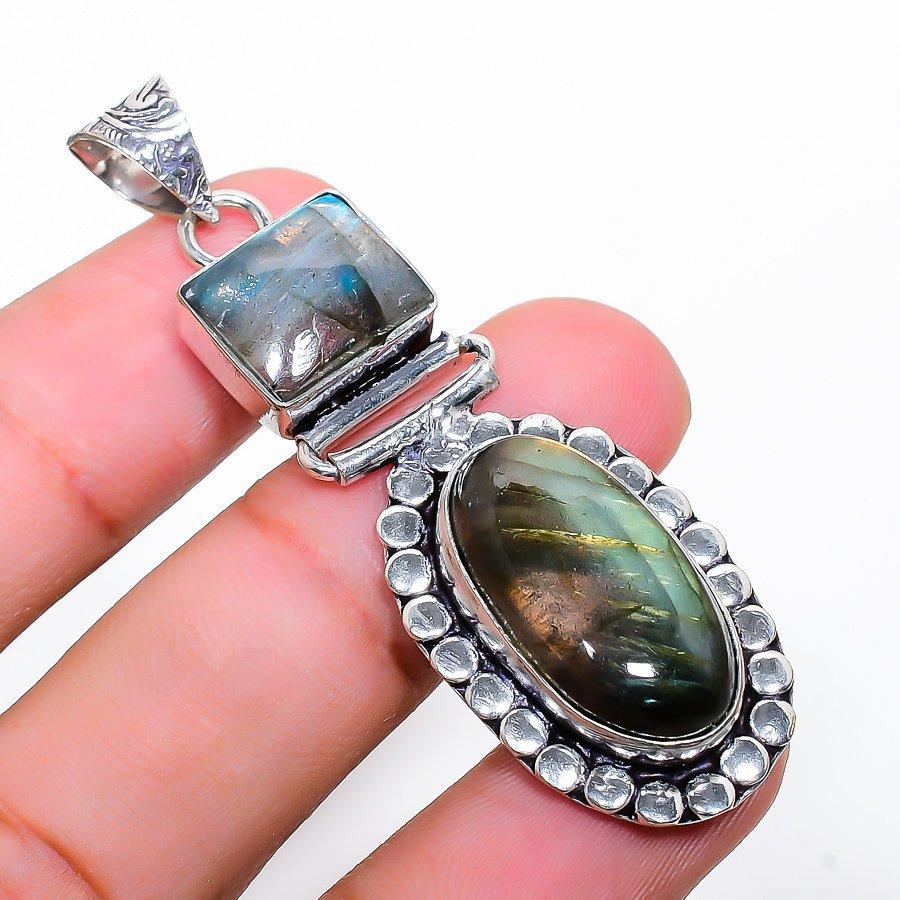 Pietra di Labradorite Fatto a Mano Gioiello in Argento Sterling 925 Pendente 2.36"