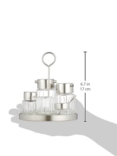 Otsuka Glass Emtaka 6-Piece Seasoning Container Set with Stainless Steel Lid, Commercial Grade, Caster Set, and Round Tray, Made in Japan, Clear, ETK-