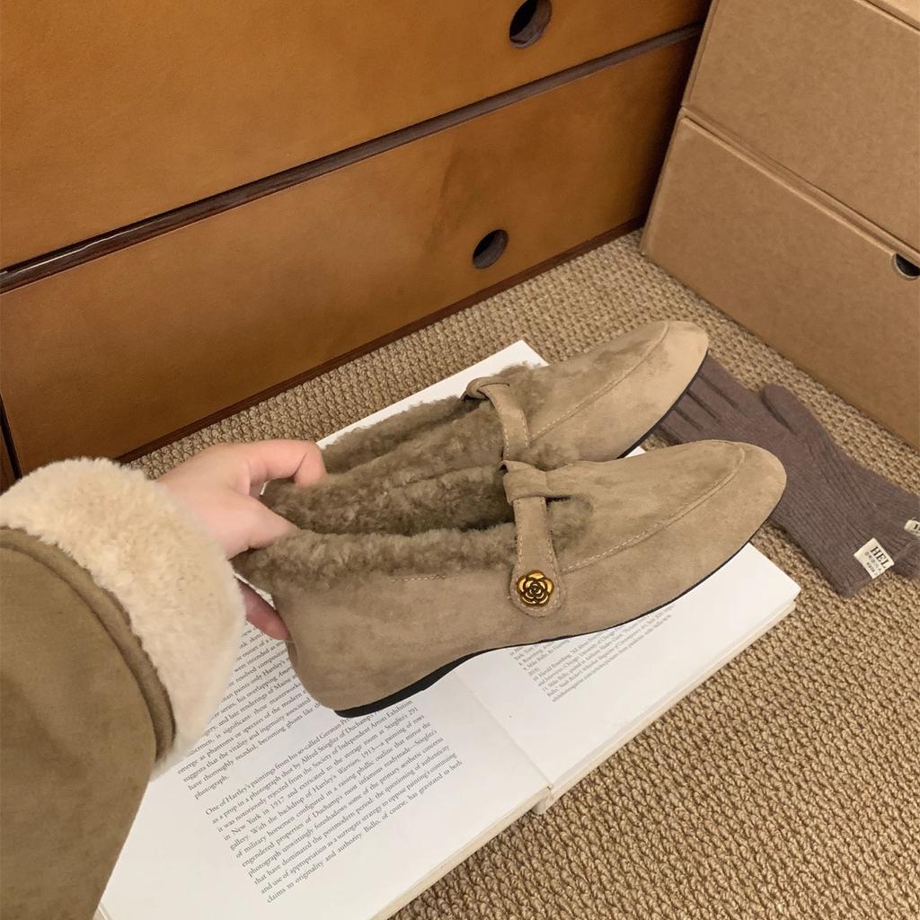 Fleece small leather shoes loafers retro fluffy shoes women wear winter Mary Jane warm cotton shoes