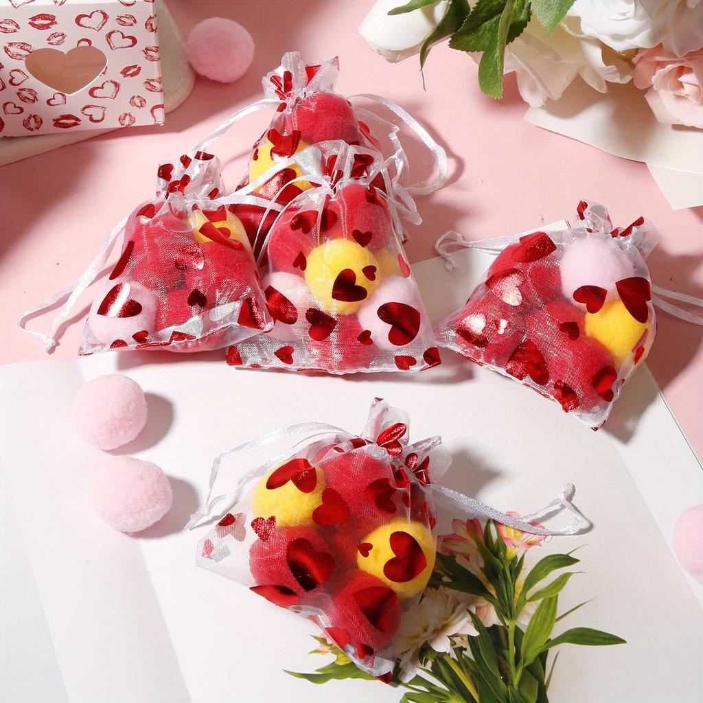 50pcs Valentine'S Day Organza Candy Bags,Red Heart-Shaped Mesh Jewelry Pouches with Drawstring Closure,Perfect for Wedding