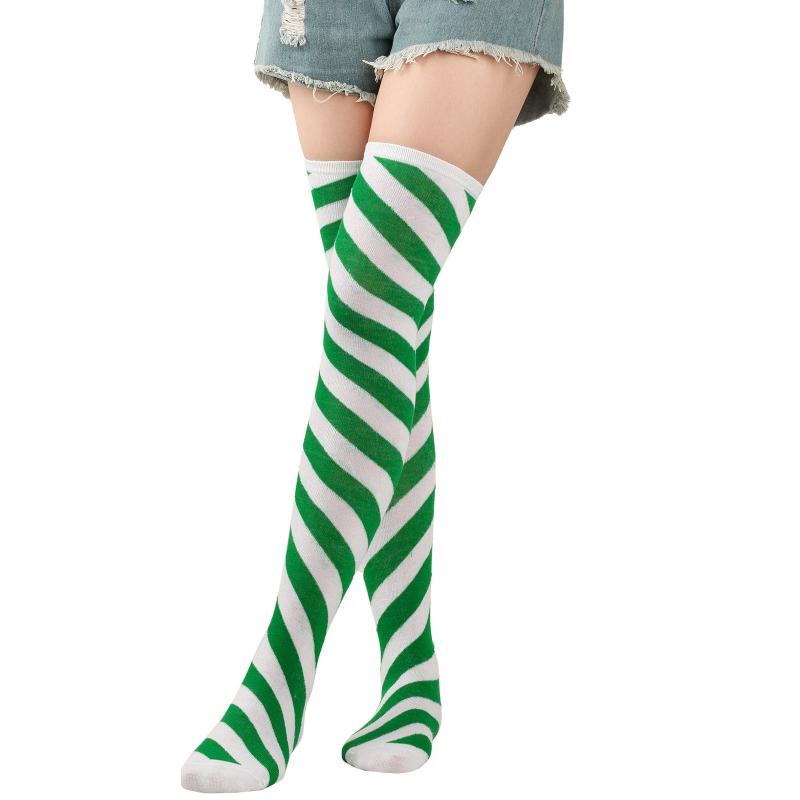 Women Girls Over Knee Long Socks Christmas Diagonal Striped Print Christmas Thigh High Stockings Holiday Party Hosiery