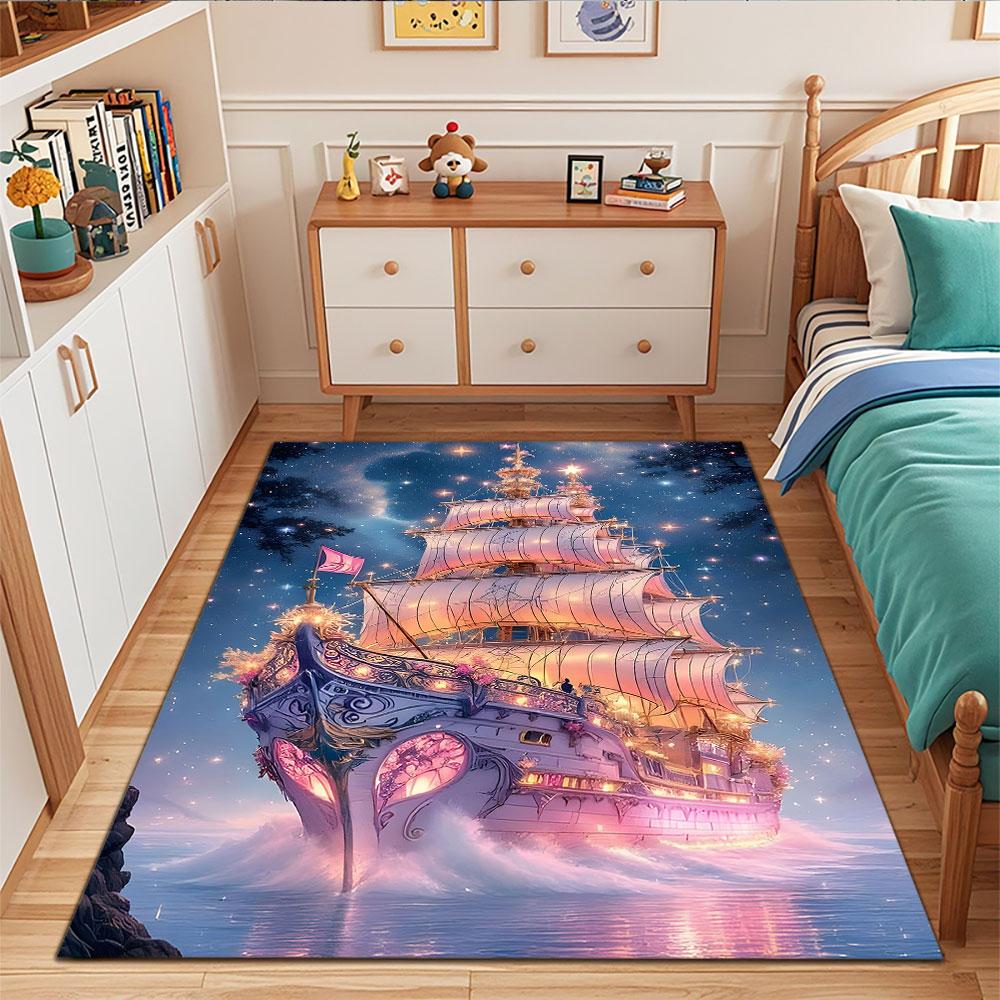 Fantasy Ship Sailing Through Stars Patterned carpet, suitable as a non slip play mat for the living room and bedroom sofa