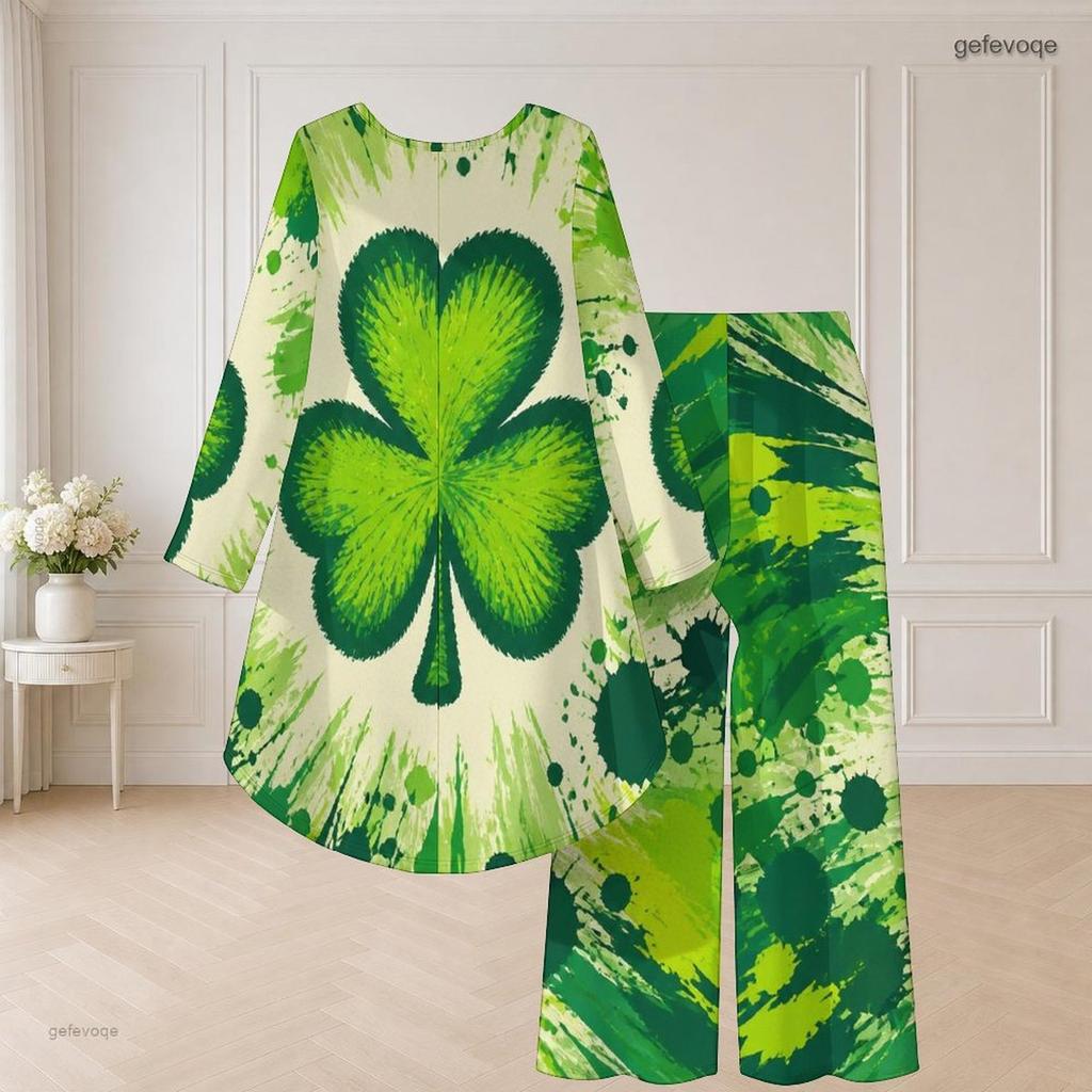 Damen Große Größen Grünes Rundhals Langarm Kleeblatt-Print High-Low-Oberteil Weite Hosen Zweiteiliges Set
